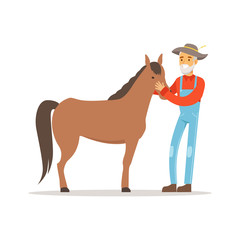 Old farmer man caring for his horse, farming and agriculture vector Illustration