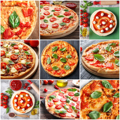 Collage of delicious pizzas with basil leaves