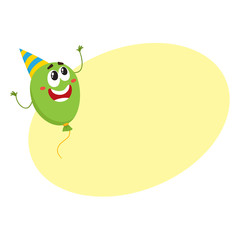 Cute and funny green balloon character with smiling human face in birthday party hat, cartoon vector illustration with space for text. Birthday party balloon character, mascot