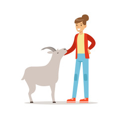 Farmer woman caring for her goat, farming and agriculture vector Illustration