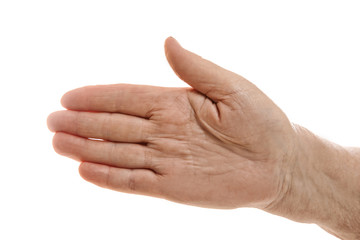 Senior woman's hand on white background