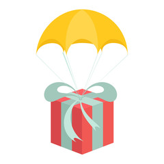 Delivery service. Parachute with parcel, gift in the sky. Holidays, delivery concept. Flat design. Vector illustration
