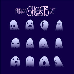 Set of twelve cartoon spooky scary ghosts character, hand-drawn ghosts silhouette with various expressions, fine night symbol for halloween celebration, isolated, EPS 8