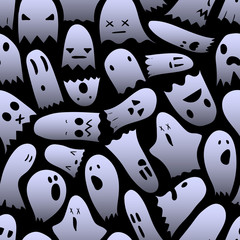 Seamless Halloween pattern, hand-drawn ghosts pattern with funny expressions, halloween characters in cartoons style, EPS 10