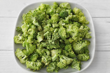 Plate with fresh chopped broccoli on white wooden background, closeup