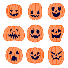 Set of 9 halloween pumpkins, isolated vector symbol of Halloween, cute expressions in cartoon style, EPS 8