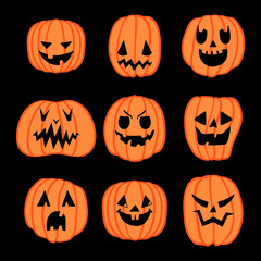 Set of 9 halloween pumpkins, isolated vector symbol of Halloween, cute expressions in cartoon style, EPS 8