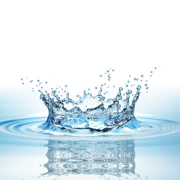 Water splash in dark blue color with a drop of water flying from above