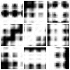 Set of abstract dotted background. Halftone effect. Vector texture. Modern background. Monochrome geometrical pattern. Strips of points. Black dots on white background.