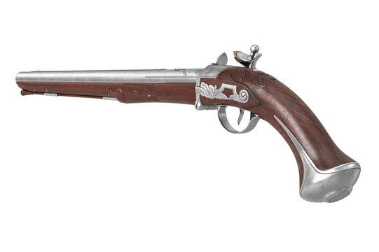 Pistol gun old brown with metal barrel. 3D rendering