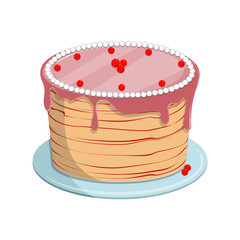 Vector illustration. Isolated on white background. Sweet biscuit cake with glaze for birthday or wedding holiday, party.