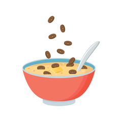 Cereal bowl with milk, smoothie isolated on white background. Concept of healthy and wholesome breakfast. Vector illustration