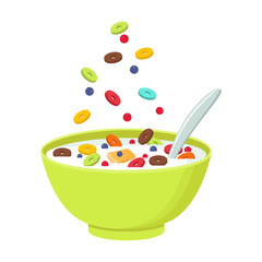 Cereal bowl with milk, smoothie isolated on white background. Concept of healthy and wholesome breakfast. Vector illustration