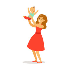 Beautiful young mother in red dress with her adorable baby playing and having fun together colorful vector Illustration