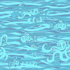 Seamless wavy pattern. Vector sea abstract background with marine life.
