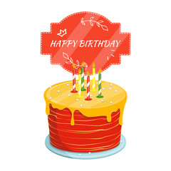 Blackboard with a congratulation. Festive hat. Vector illustration. Cute cartoon happy birthday cake with candles.
