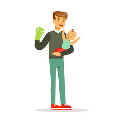 Father and his adorable baby having fun with puppet toy colorful vector Illustration