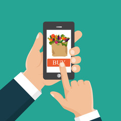 Hand ordering fresh food hold smartphone with food basket on the screen. Buy food online. Flat vector illustration.