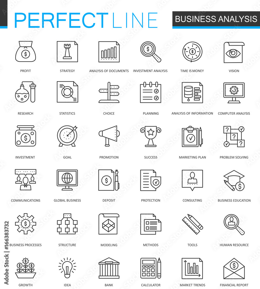 Poster business analytics thin line web icons set. finance strategy information outline stroke icons design