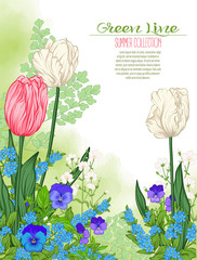 Composition with spring flowers: tulips, daffodils, violets, forget-me-nots in botanical style. Good for greeting card for birthday, invitation or banner
Stock line vector illustration.