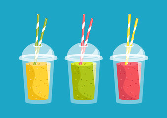 Smoothie with different flavours, take away. Healthy fresh juice fresh. Cartoon smoothie in a transparent plastic glass. Vector illustration