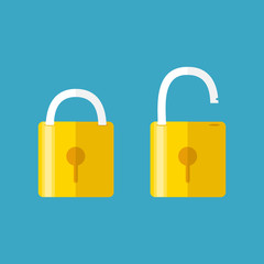 Opened and closed locks. Flat style. Concept of password, blocking, security. Lock icon, isolated on colored background. Vector