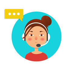 Client service and communication concept. Vector. Call center operator icon with headset. Female call center avatar.