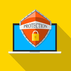 Computer security, security center, online safety, data protection concept. Laptop with shield and lock. Flat vector illustration.
