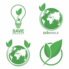 Ecology logo set. Eco world, green leaf, energy saving lamp symbol. Eco friendly concept for company logo
