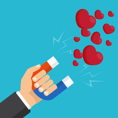 Hand with magnet attracting hearts. Vector illustration. Love attraction concept.