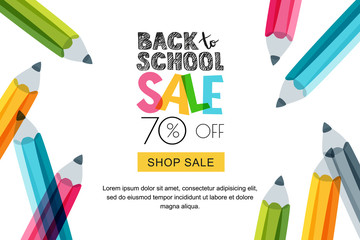 Vector horizontal back to school sale banner, poster background. Hand drawn sketch letters and doodle multicolor pencils isolated on white. Layout for discount labels, flyers and shopping.