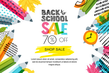 Vector horizontal back to school sale banner, poster background. Hand drawn sketch letters and doodle multicolor pencils on textured background. Layout for discount labels, flyers and shopping. - 166385396
