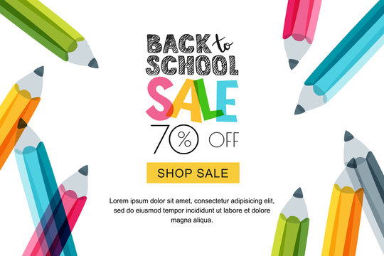 Vector Horizontal Back To School Sale Banner, Poster Background. Hand Drawn Sketch Letters And Doodle Multicolor Pencils Isolated On White. Layout For Discount Labels, Flyers And Shopping.