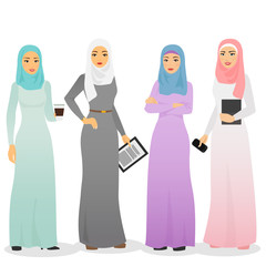 Vector illustration set of business arab women characters with hijab. Muslim female people.