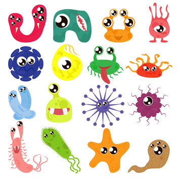 Set of cartoon bacteria, fun characters, cute monsters with different shapes, colors and facial expressions. Funny virus cell and microbe. Cartoon design. Vector isolated on white background.