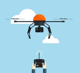 Remote aerial drone with a camera and  console in hands. flat vector illustration