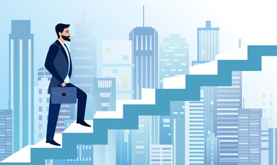 Vector illustration of man rises in business steps to succeed on big modern city background. A businessman is heading for success on the stairs. Business concept illustration in flat cartoon style.