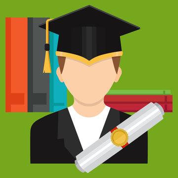 A graduate of a college or school in a graduate's hat with a certificate, diploma. Vector illustration. The Concept of Higher Education.
