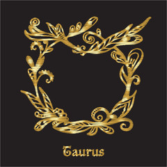 Embroidery with zodiac sign. In gold on black background.  Stock line vector illustration.