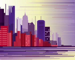 Vector illustration of urban industrial city landscape. Big modern city with skyscrapers in abstraction flat cartoon style.