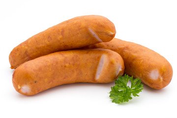 Sausage and spices isolated on white background, fresh delicious frankfurter.