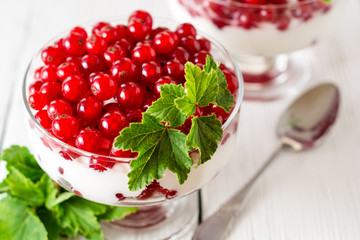 Yogurt dessert with red currant and decorated with leaves on white wooden background