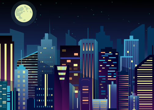 Vector illustration of night urban city landscape. Big modern city with skyscrapers in night time with lights in abstraction flat cartoon style.