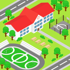Obraz na płótnie Canvas Vector illustration of isometric school and big green yard, playground, football ground, basketball ground, trees, tables and benches in colorful flat cartoon style.