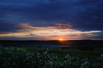 Beautiful sky and field on sunset