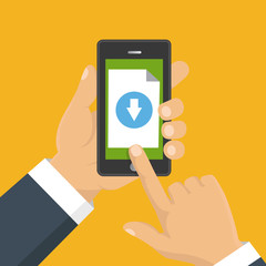 Downloading document, infographics. Flat design. File download concept button on smartphone screen. Hand holds smartphone.