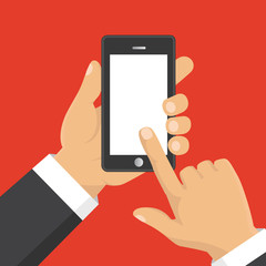 Hand holding smart phone. Business concept, flat design, vector