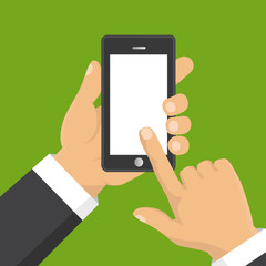 Hand holding smart phone. Business concept, flat design, vector