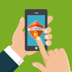 Hand holds a mobile phone. Mobile security app. User touch screen. Flat vector illustration