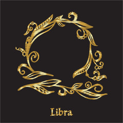 Embroidery with zodiac sign. In gold on black background. 
 Stock line vector illustration.